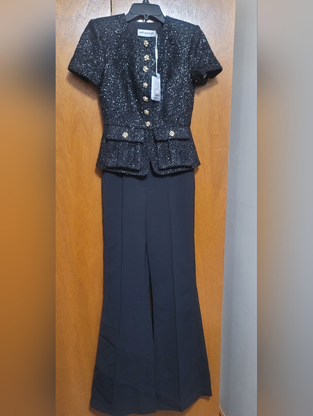 Self-Portrait Button Embelished Metallic boucle and crepe Peplum Jumpsuit Size 2